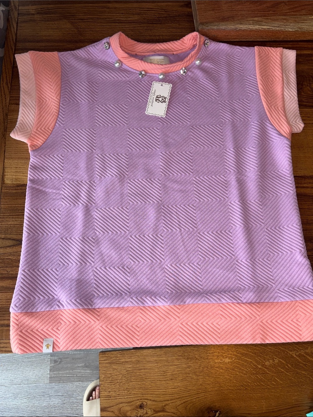 Simply Southern Lavender & Peach Short Sleeve Top with Pearl Neckline